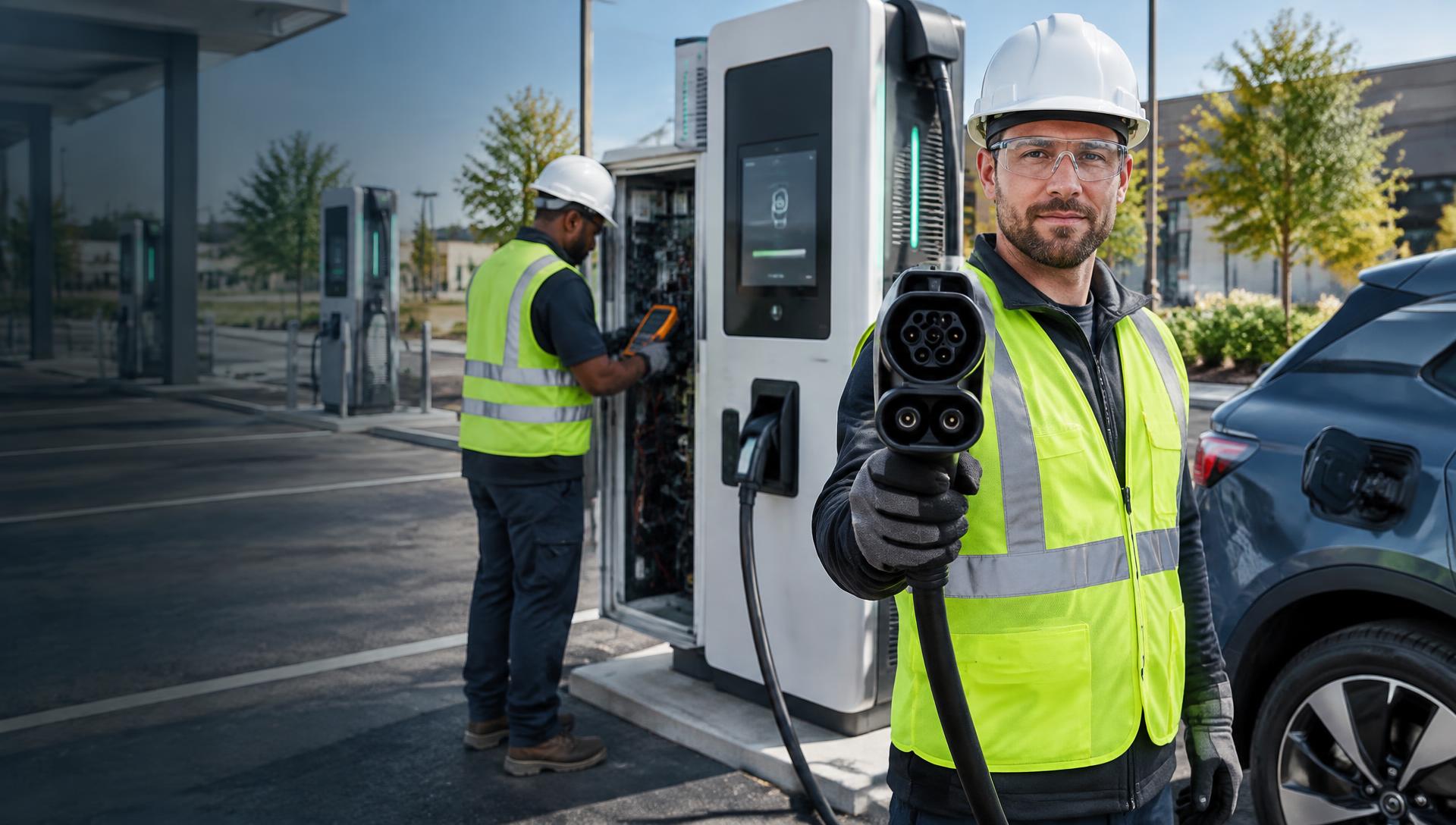EV charging technicians servicing a DC fast charger while one holds a CCS connector